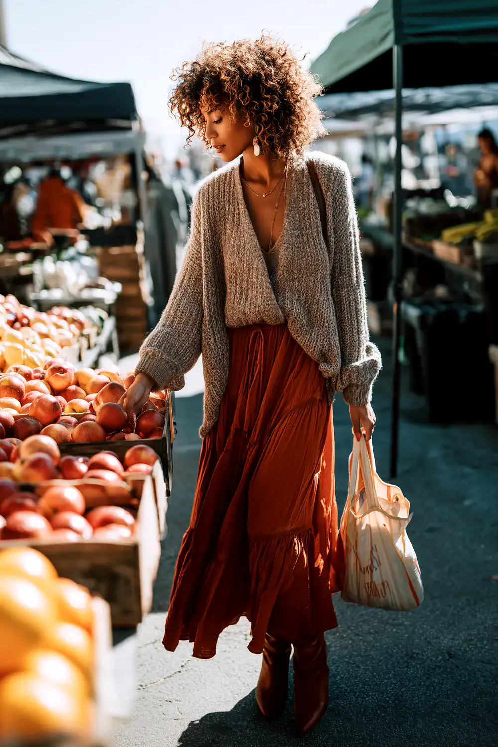 Frau im gemütlichen Herbstlook mit grobem Strickcardigan und rostfarbenem Midirock, greift nach Äpfeln auf dem Wochenmarkt mit Stofftasche – Layering-Idee für Herbst-Outfits für Frauen