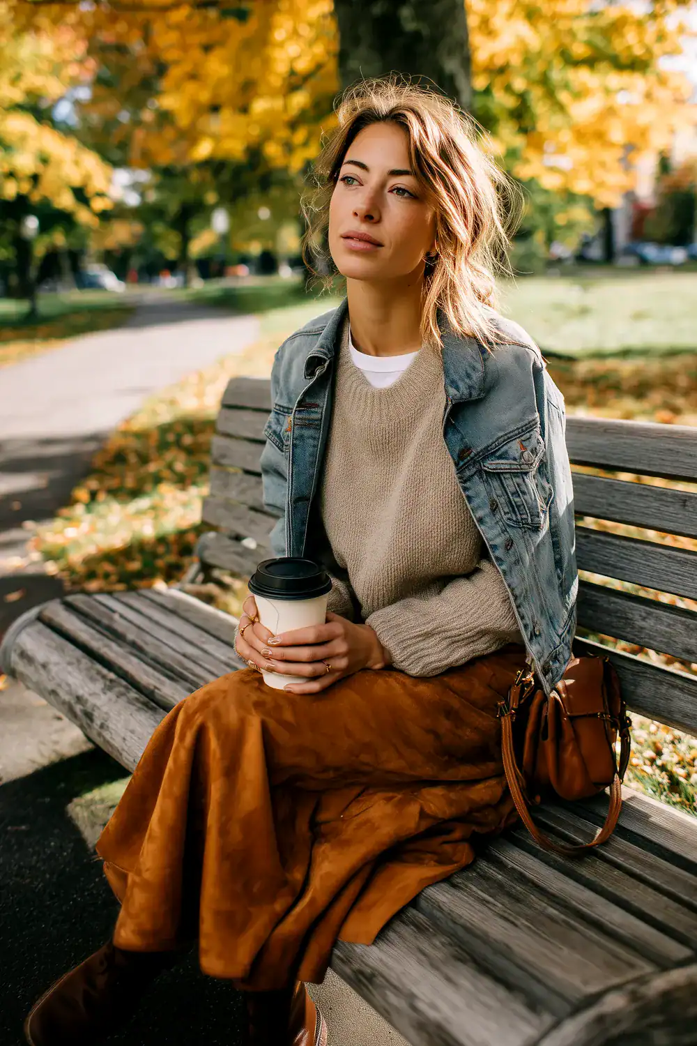 Frau im gemütlichen Herbstoutfit mit Strickpullover, lässig übergeworfener Jeansjacke und rostfarbenem Midirock, mit Coffee-to-go auf Parkbank unter goldenen Blättern – Layering-Idee für Herbst-Outfits für Frauen