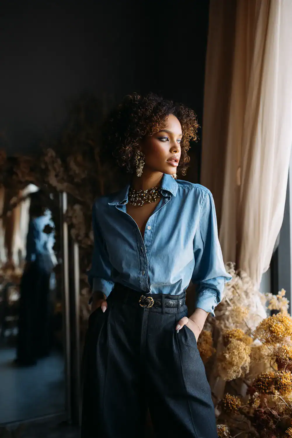 Stilvolle Frau im Denim-on-Denim-Look mit Jeanshemd und weiter Hose – Herbstmodetrends für Frauen