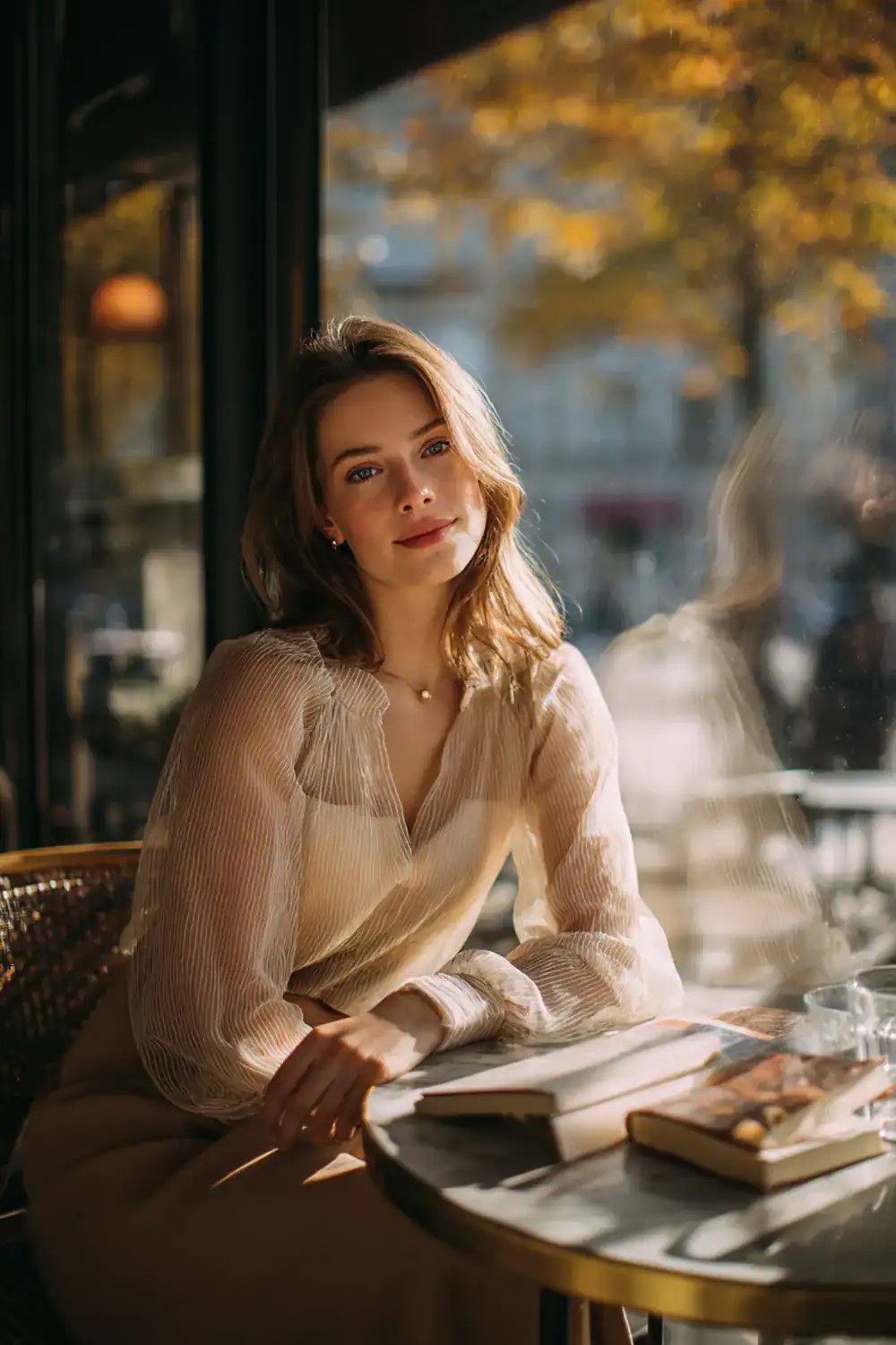 Frau in transparenter Bluse sitzt im Café und genießt die herbstliche Sonne – Herbstmodetrends für Frauen