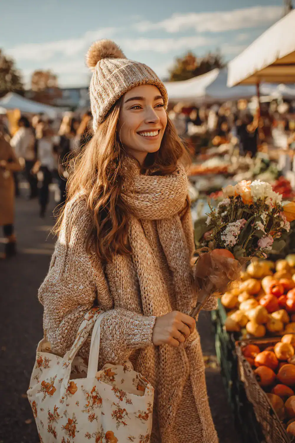 Junge Frau in beigem Strickoutfit mit Schal und Mütze lächelt beim Marktbesuch mit Blumenstrauß – Herbstmodetrends für Frauen