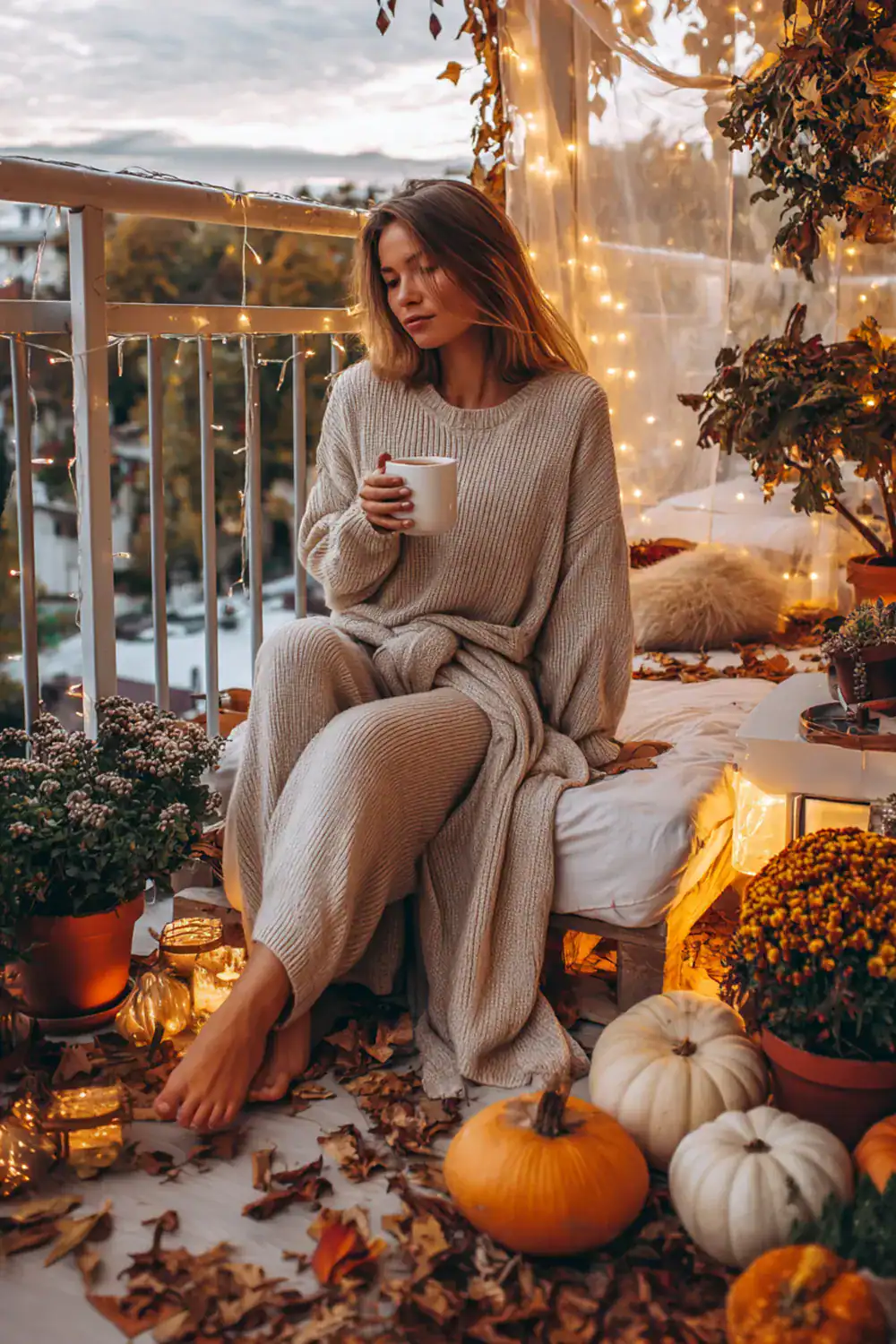 Frau in beigem Strickset sitzt mit Kaffeetasse auf herbstlich dekoriertem Balkon mit Kürbissen und Lichterketten – Herbstmodetrends für Frauen