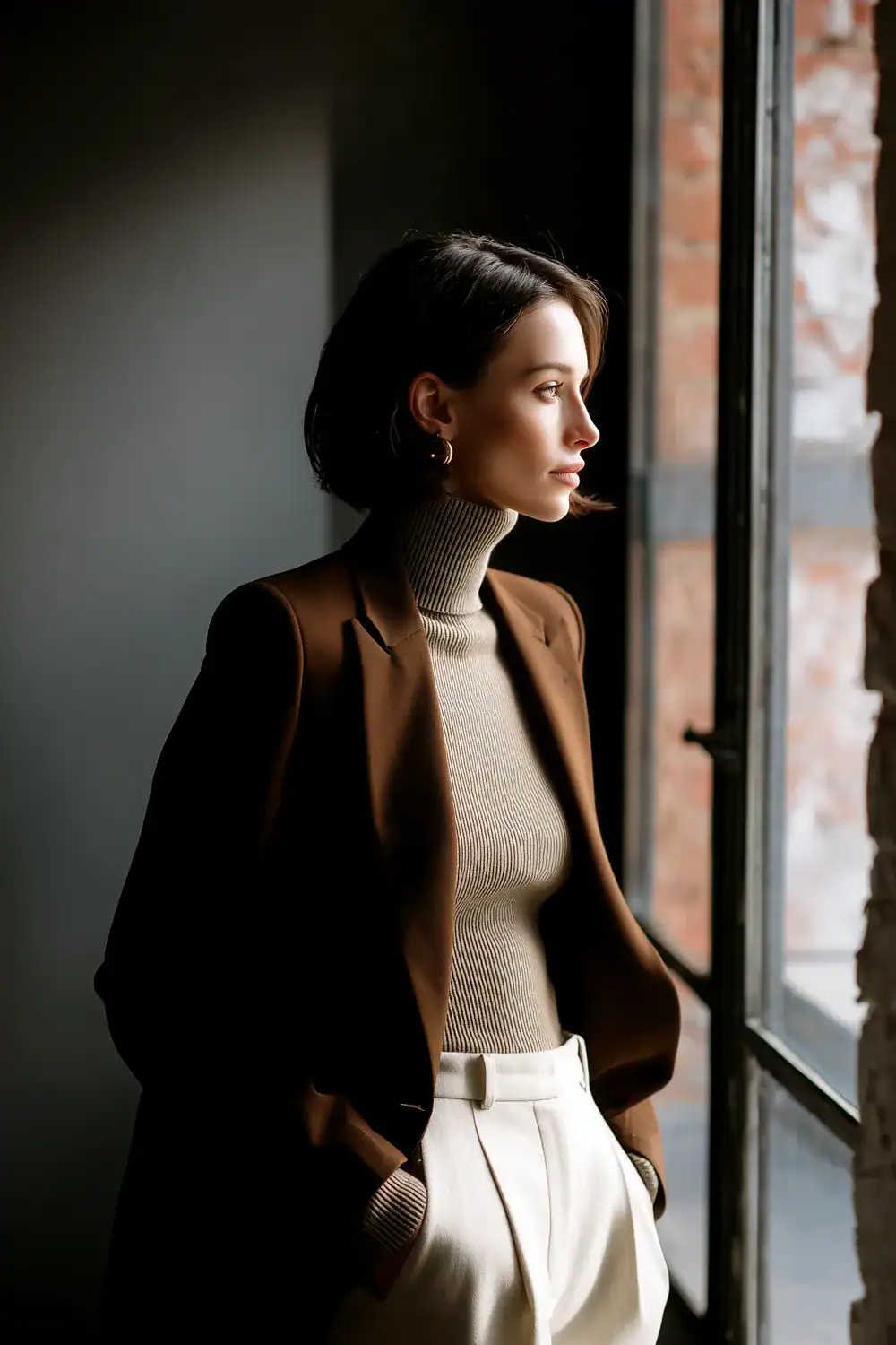 Elegante Frau in modernem Business-Outfit mit braunem Blazer, Rollkragenpullover und weißen Stoffhosen steht am Fenster