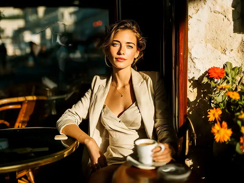 Stilvolle Frau in Business-Casual-Outfit sitzt im Straßencafé bei natürlichem Sonnenlicht