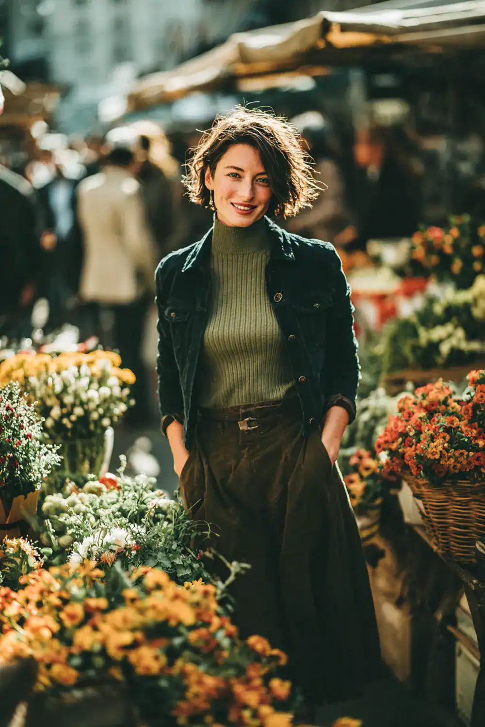 Frau im herbstlichen Outfit mit grünem Rollkragenpullover und Jacke auf einem Blumenmarkt, umgeben von bunten Blüten
