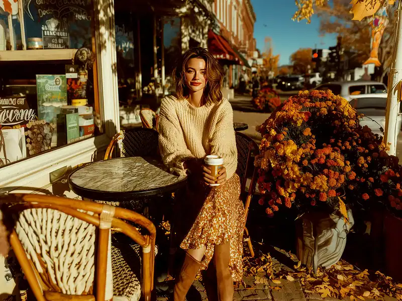 Frau im gemütlichen Herbst Outfit mit Strickpullover und Rock sitzt im Straßencafé, umgeben von bunten Blumen und herbstlicher Atmosphäre