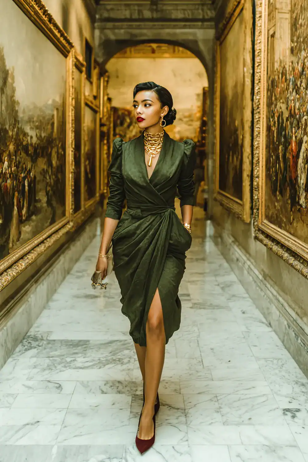 Elegante Frau im dunkelgrünen Wickelkleid mit Goldschmuck in einer Kunstgalerie, stilvolles Herbst Outfit für besondere Abende