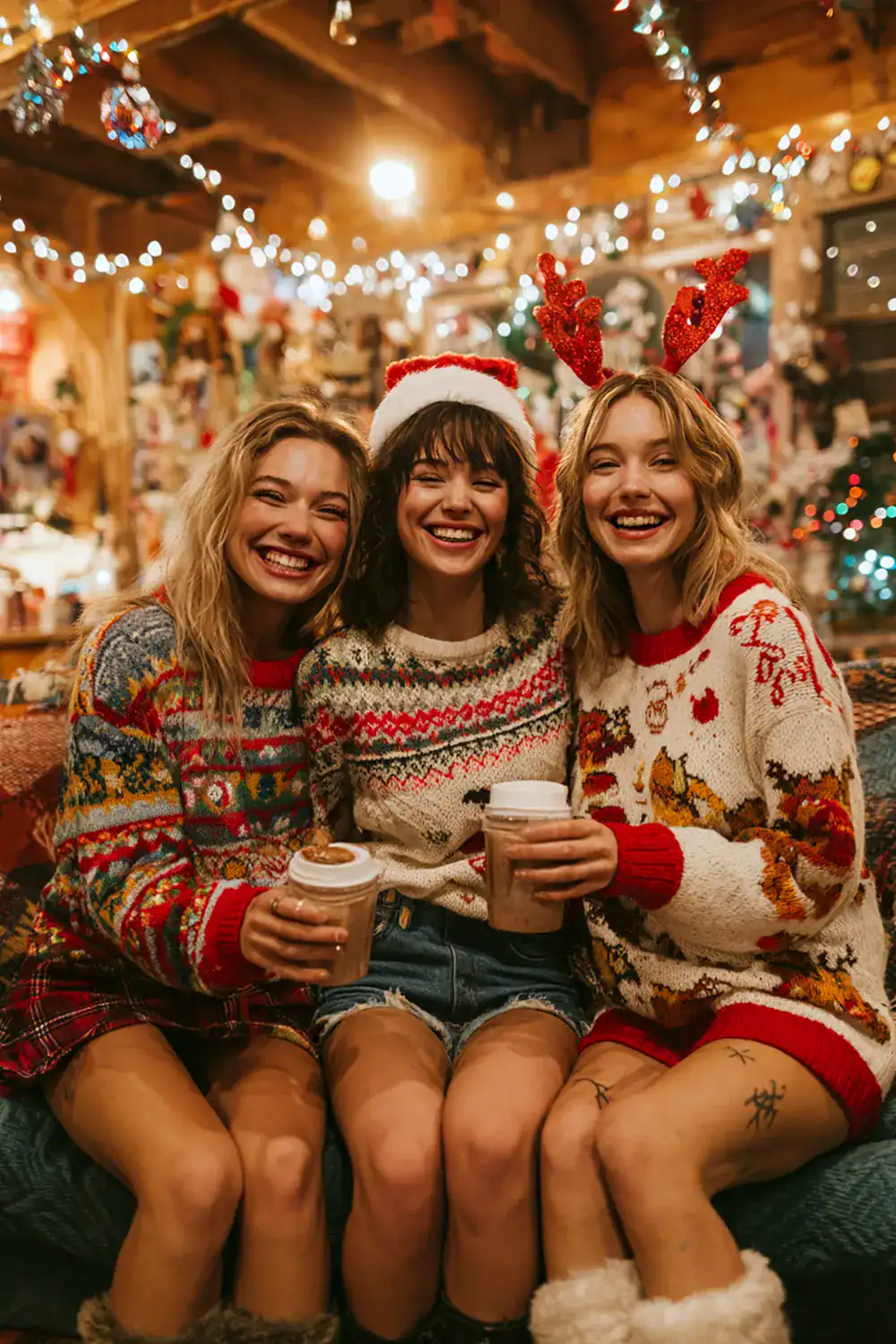 Drei Freundinnen in Ugly Christmas Sweatern lachen gemeinsam auf einer gemütlichen Weihnachtsfeier mit Lichterketten