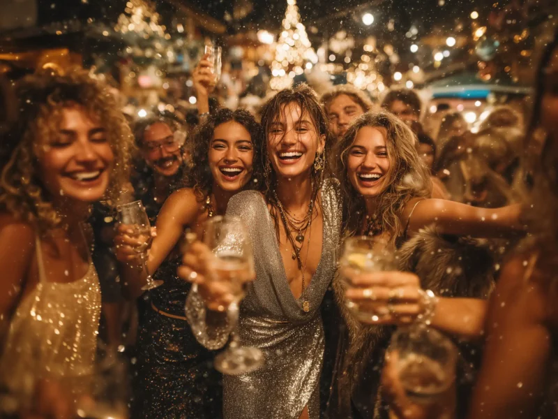 Gruppe fröhlicher Frauen in funkelnden Weihnachtsoutfits feiert stilvoll auf einer glamourösen Party mit Lichtern und Champagner
