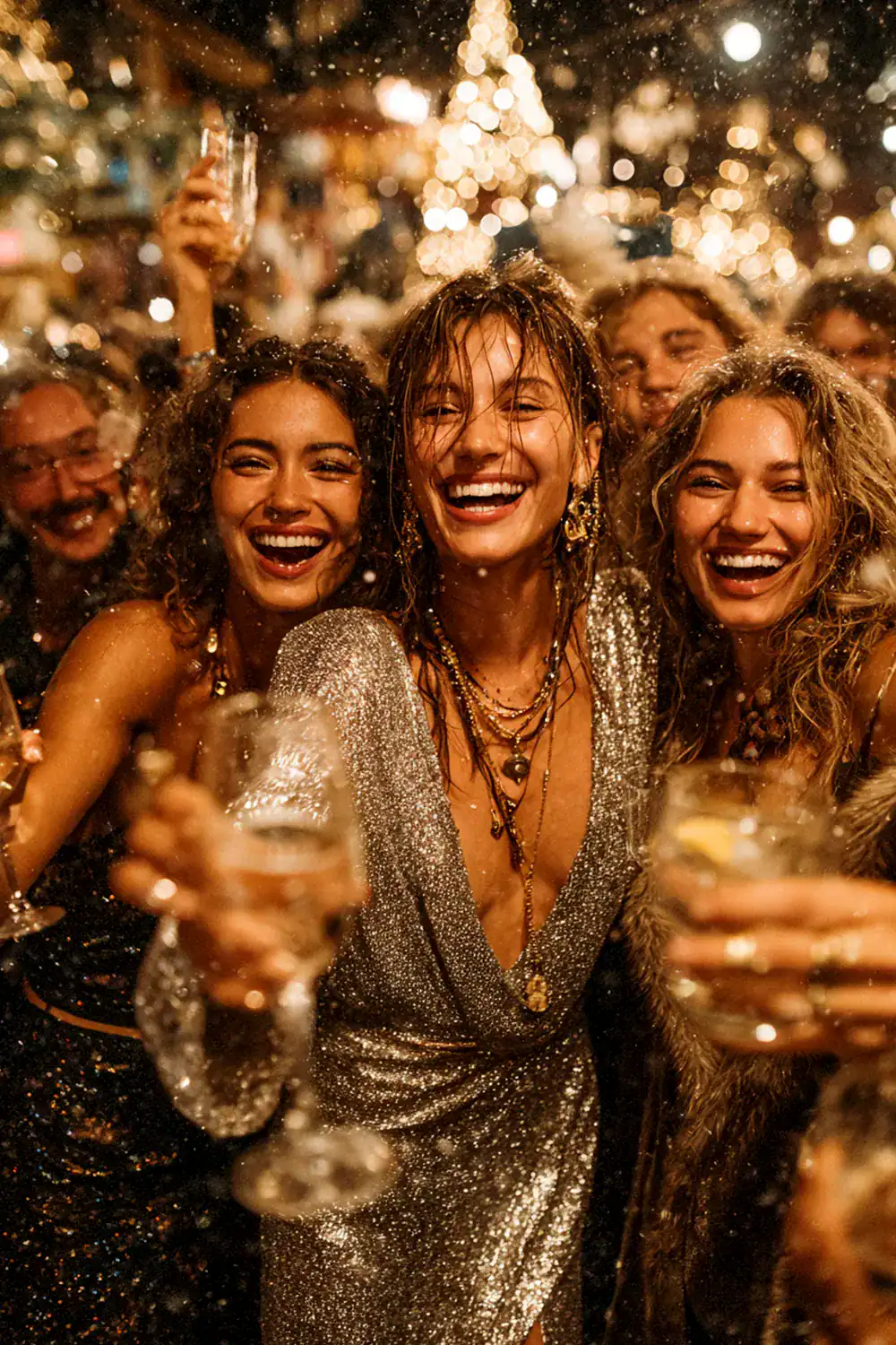 Drei fröhliche Frauen in glamourösen Weihnachtsoutfits feiern gemeinsam auf einer festlichen Party mit Glitzer und Lichterketten