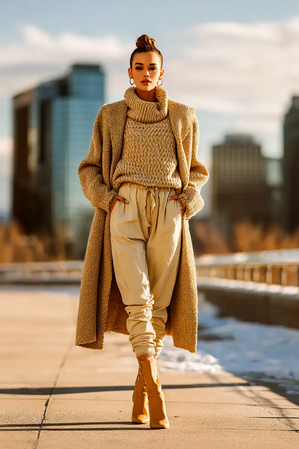 Frau in modernem Winter Outfit mit beigem Strickpullover, langem Mantel, Hose und Stiefeln im neutralen Streetstyle Look