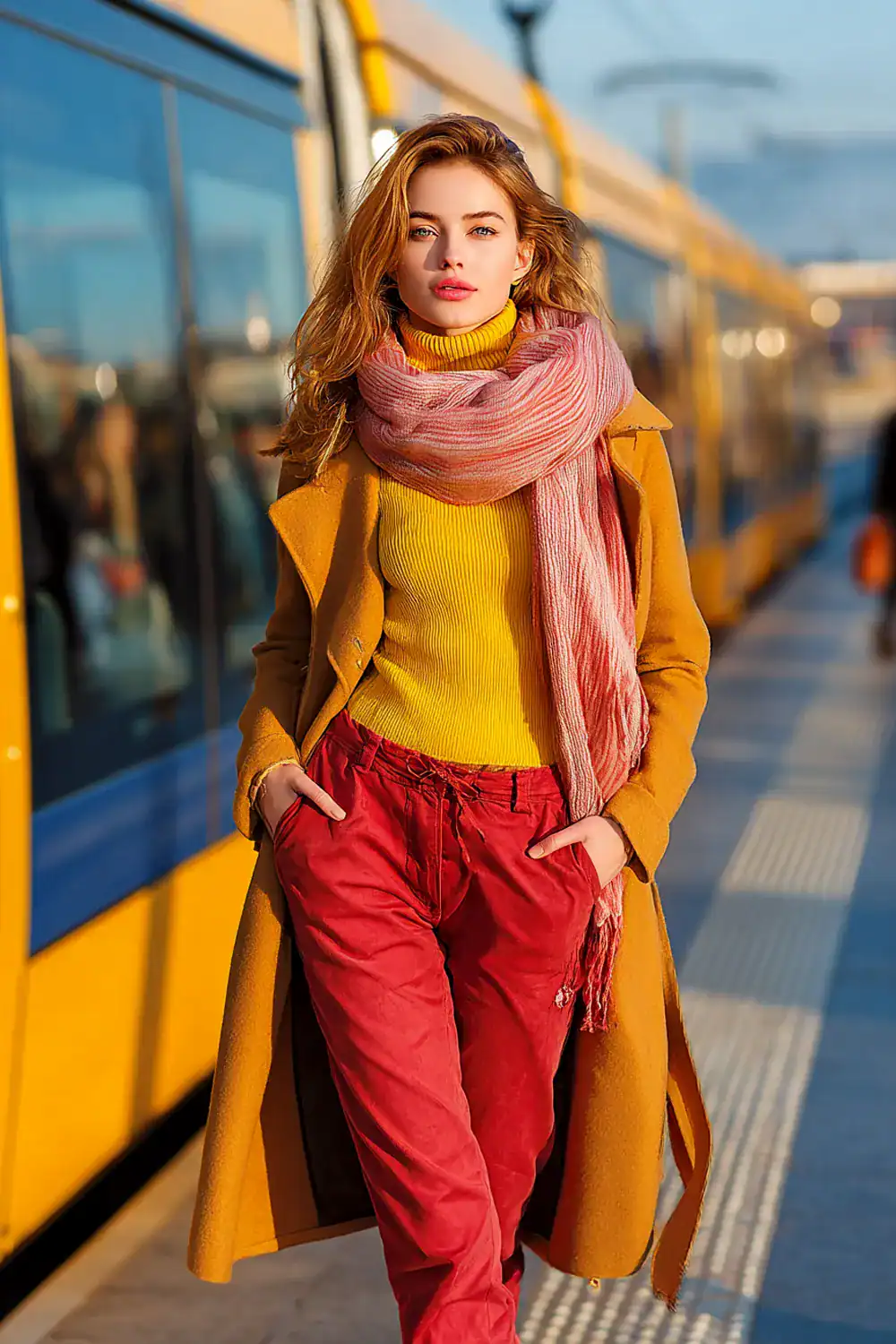 Frau im auffälligen Winter Outfit mit gelbem Pullover, orangem Mantel, rotem Schal und roter Hose im urbanen Streetstyle