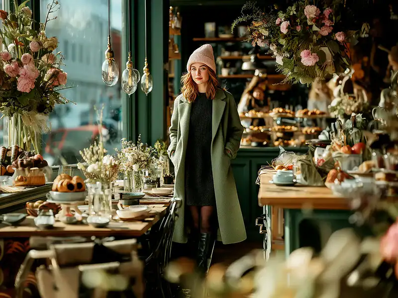 Frau im stilvollen Winter Outfit mit grünem Mantel, Strickkleid und Mütze in einem gemütlichen Café mit Blumen und Gebäck