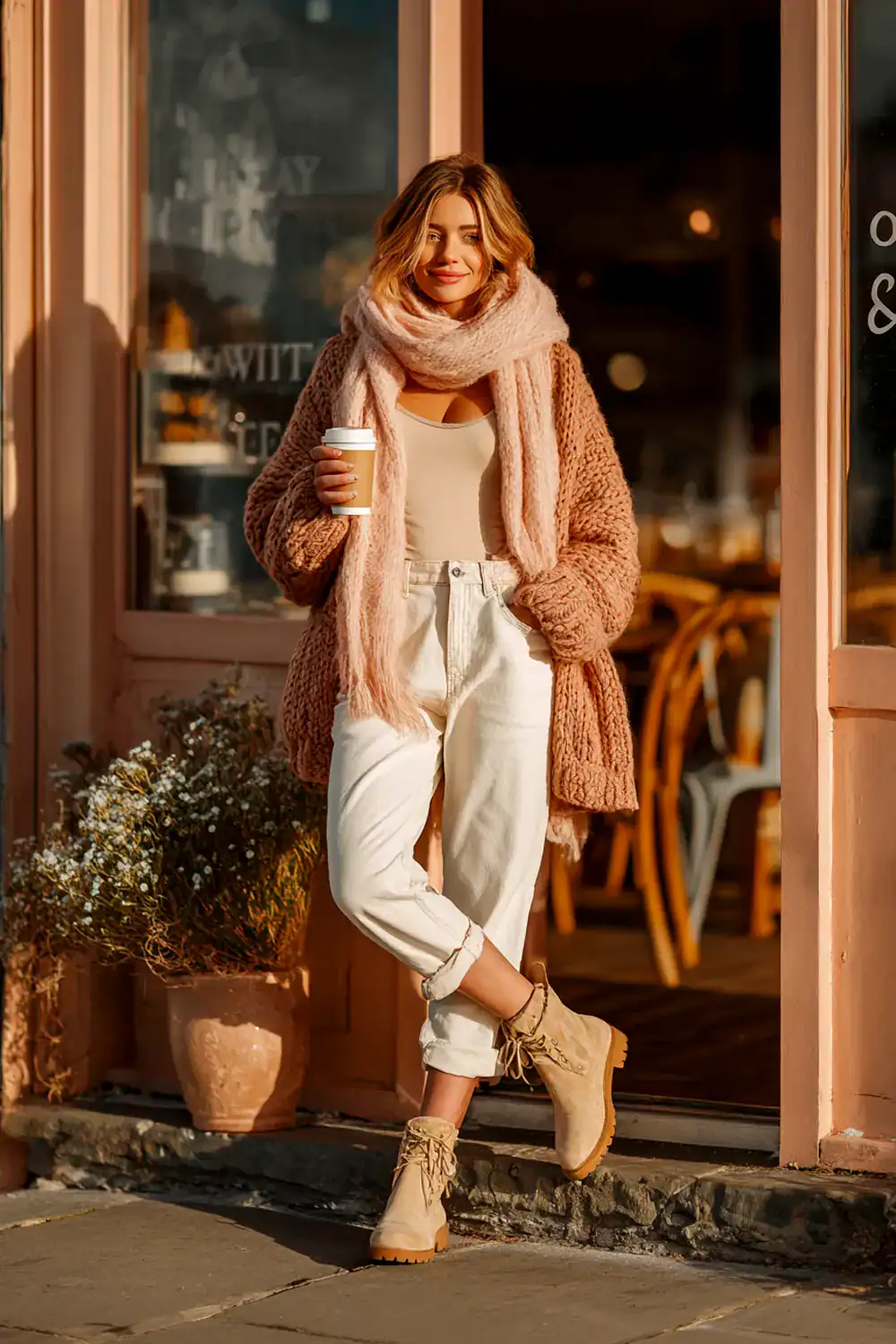 Frau im gemütlichen Winter Outfit mit Strickcardigan, rosa Schal und beigen Boots vor einem Café mit Coffee-to-go