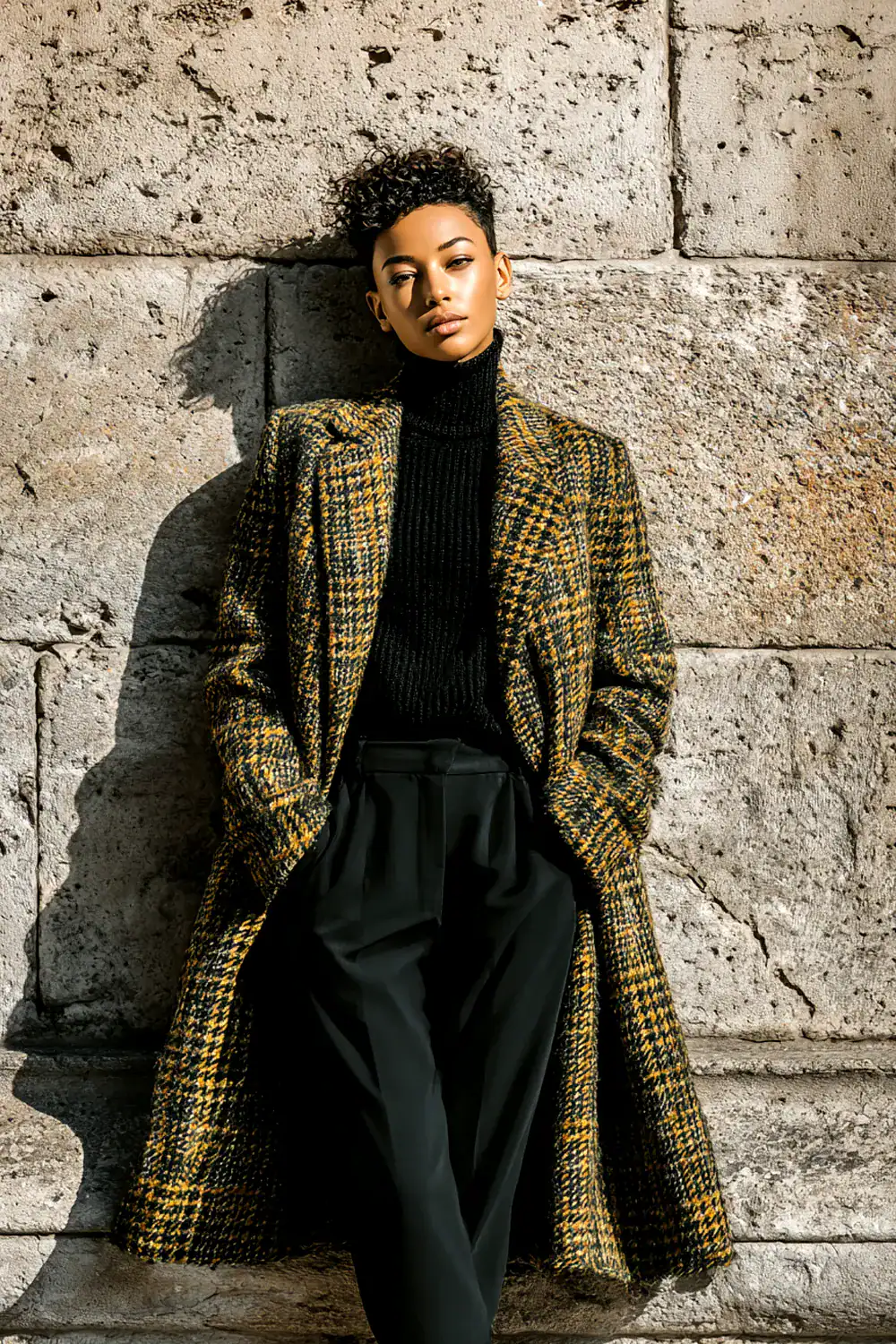 Frau im gelb-schwarzen Hahnentritt-Mantel mit schwarzem Rollkragen und Hose im eleganten Winter-Streetstyle