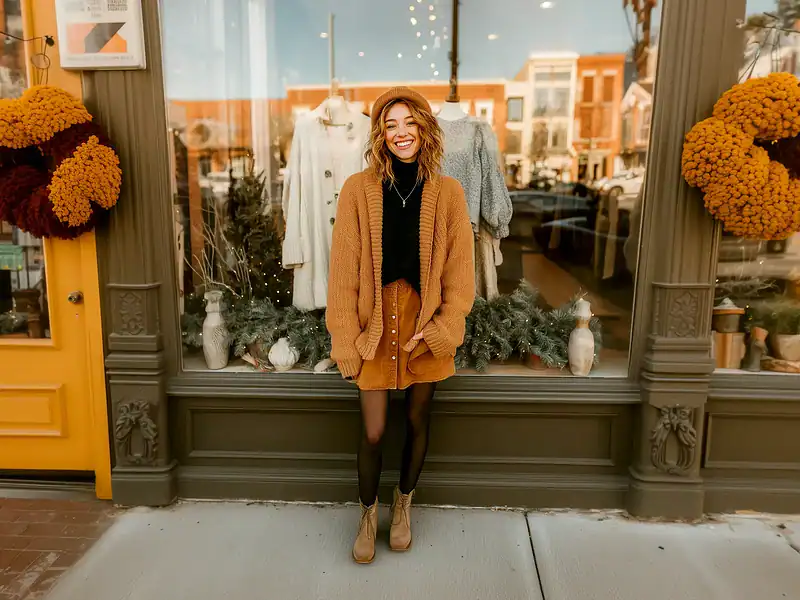Frau im braunen Strick-Cardigan und Rock mit schwarzem Rollkragen vor Boutique im winterlichen Streetstyle