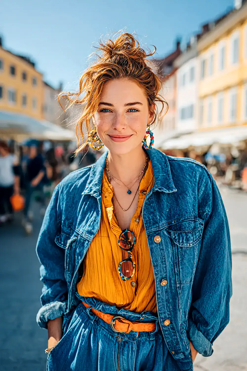 Frau in Denim-on-Denim: Jeansjacke und High-Waist-Jeans mit senfgelber Bluse und orangefarbenem Gürtel; lässiger Sommer-Streetstyle auf einem Stadtmarkt