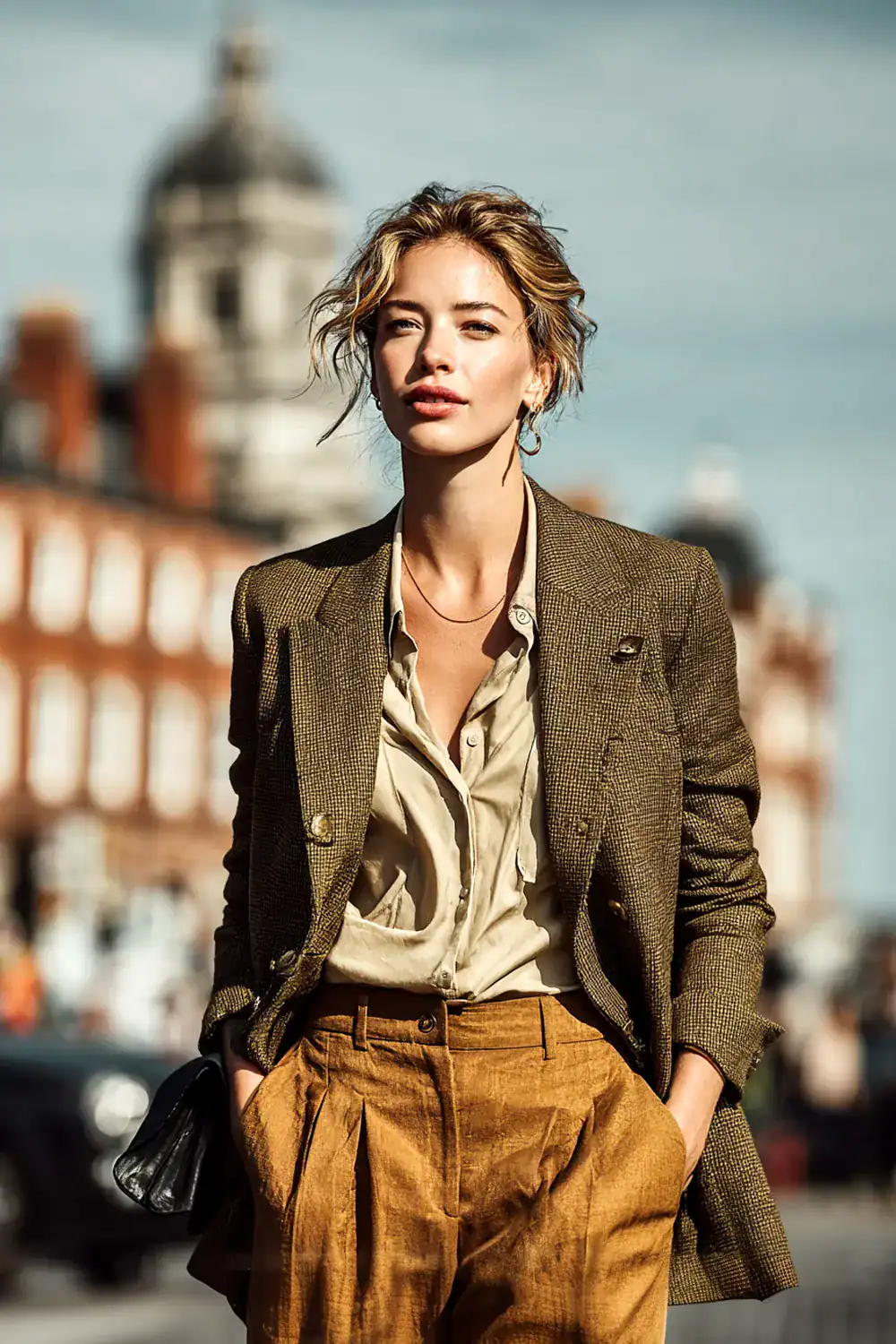 Frau im braunen Tweed-Blazer über beigefarbener Bluse mit hoch taillierter Bundfaltenhose; urbaner Streetstyle bei Tageslicht in der Stadt