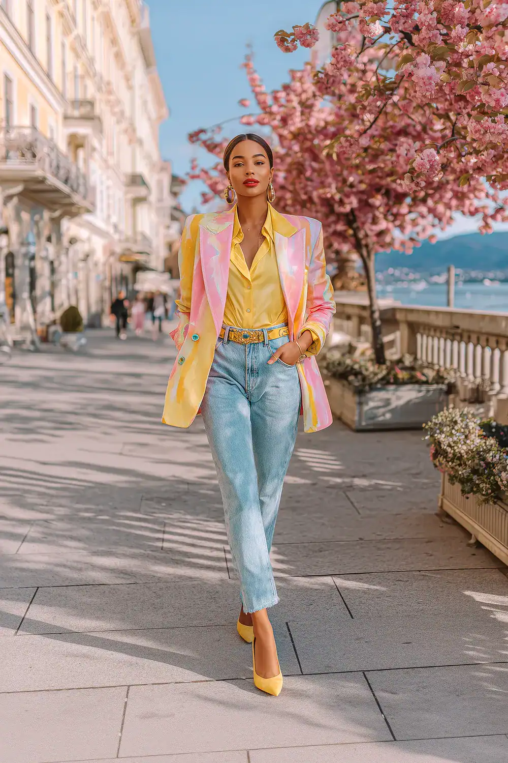 Frau im Pastellblazer und gelber Bluse mit High-Waist-Jeans und gelben Pumps auf Kirschblüten-Promenade; eleganter Frühlings-Streetstyle