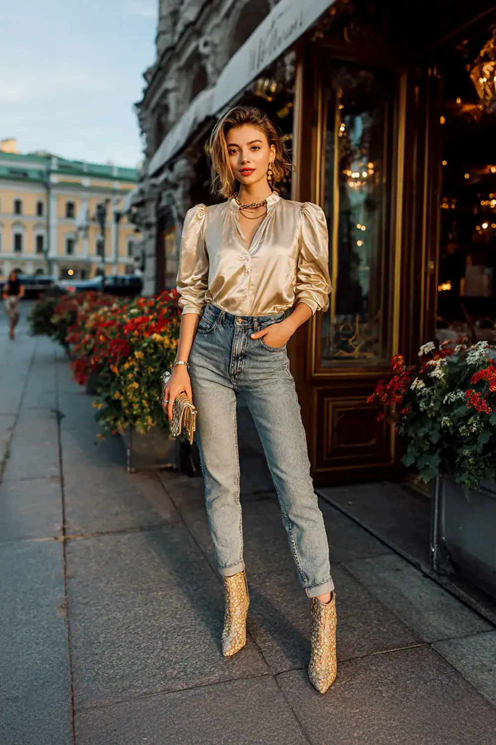 Frau im eleganten 90er Abendoutfit mit Mom Jeans, Seidenbluse, goldener Clutch und glänzenden Stiefeletten