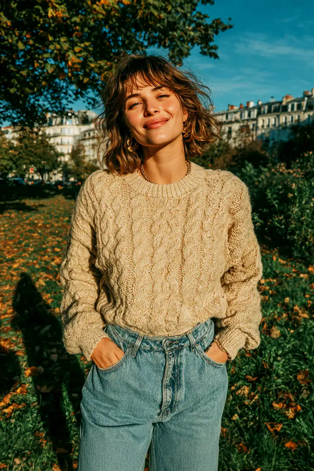 Frau im 90er Look mit Mom Jeans und beigem Oversize-Pullover lächelnd im sonnigen Park