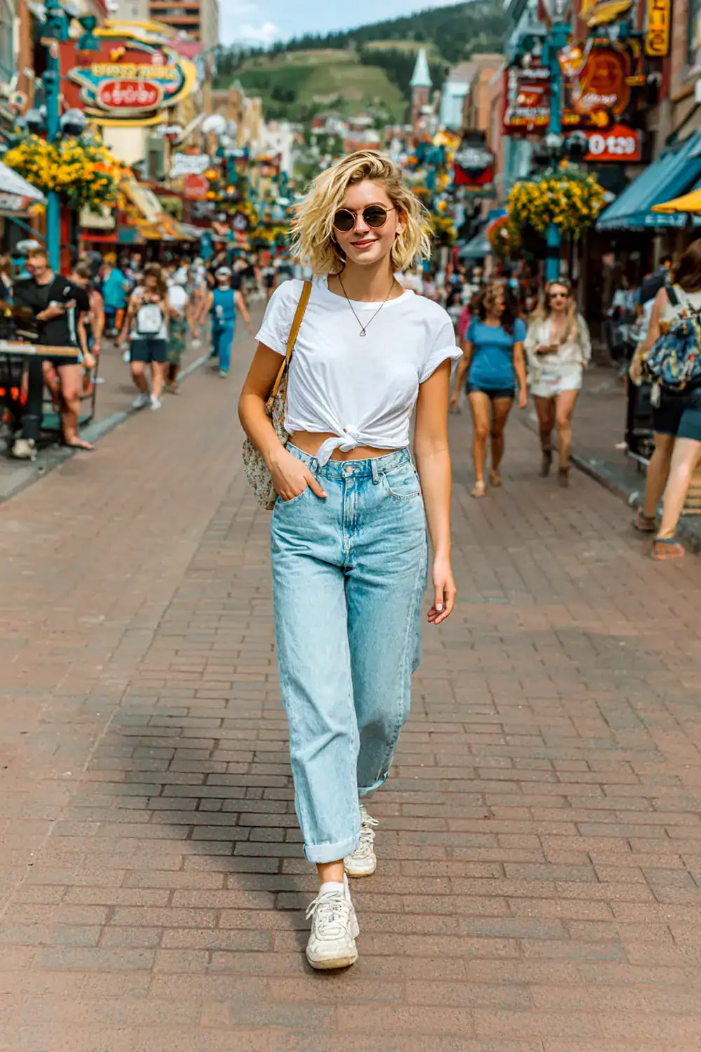 Frau im 90s Casual Style mit Mom Jeans, weißem T-Shirt und Sneakers beim Stadtbummel