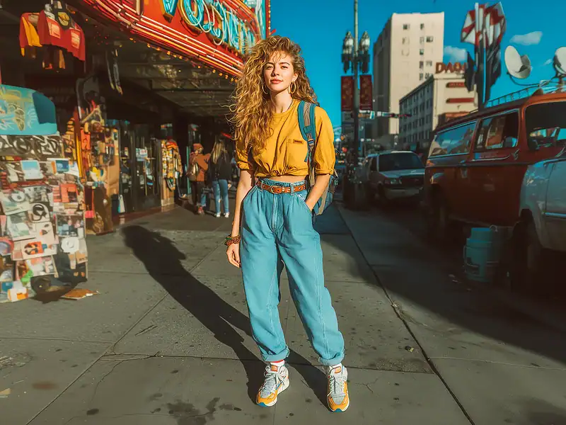 Frau im 90s Street Style mit Mom Jeans, gelbem Shirt und Retro-Sneakers in der Stadt
