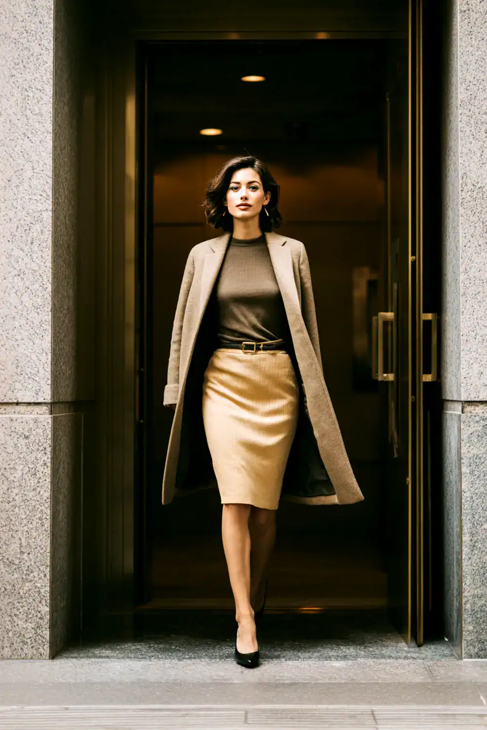 Elegantes Herbst Outfit mit Bleistiftrock, Feinstricktop und langem Mantel beim Verlassen eines Bürogebäudes – stilvoller Business Look