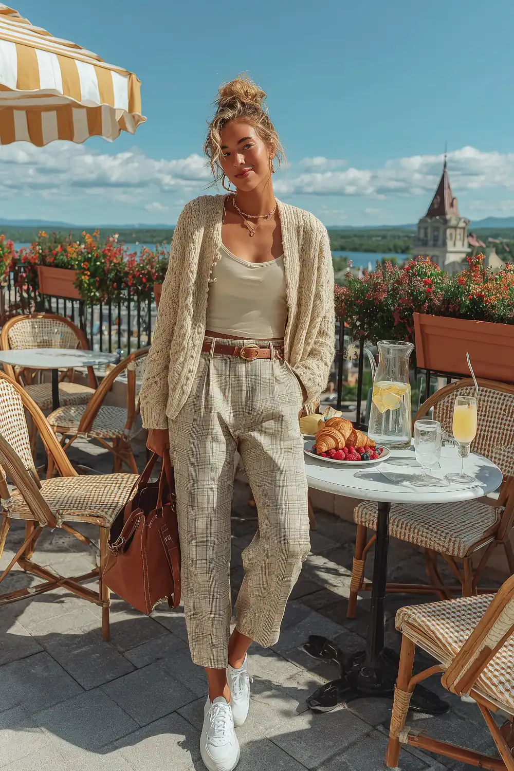 Frau in Karo-Hosen mit Top, Strickcardigan und weißen Sneakers beim Brunch auf einer Terrasse, entspanntes Herbst-Outfit