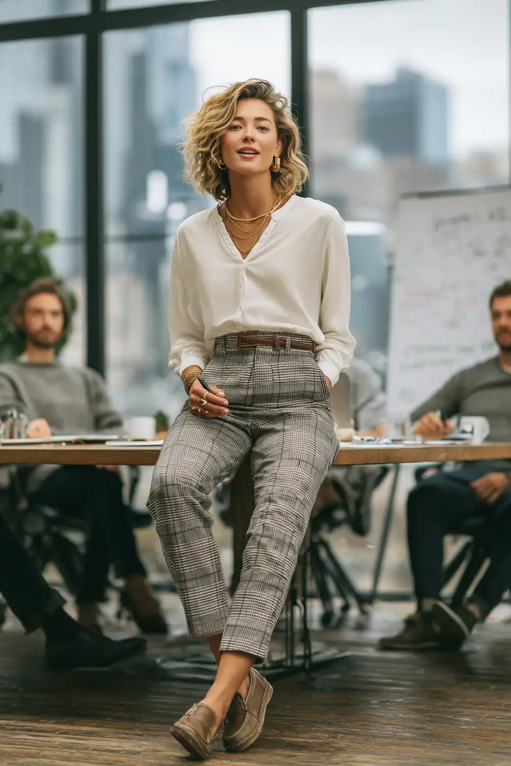 Frau in Karo-Hosen mit weißer Bluse und Loafers im modernen Büro, stilvolles Business-Casual-Outfit für den Herbst