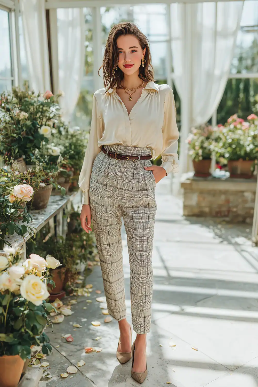 Frau in Karo-Hosen mit cremefarbener Seidenbluse und High Heels in einem Wintergarten, feminines Herbst-Outfit mit Eleganz