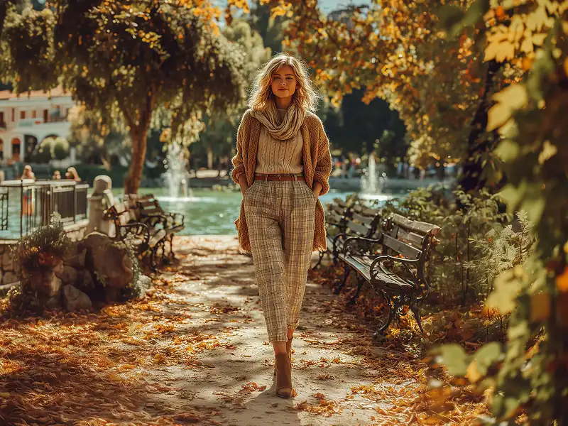 Frau in Karo-Hosen mit Strickpullover, Cardigan und Schal beim Spaziergang im herbstlichen Park, elegantes Herbst-Outfit