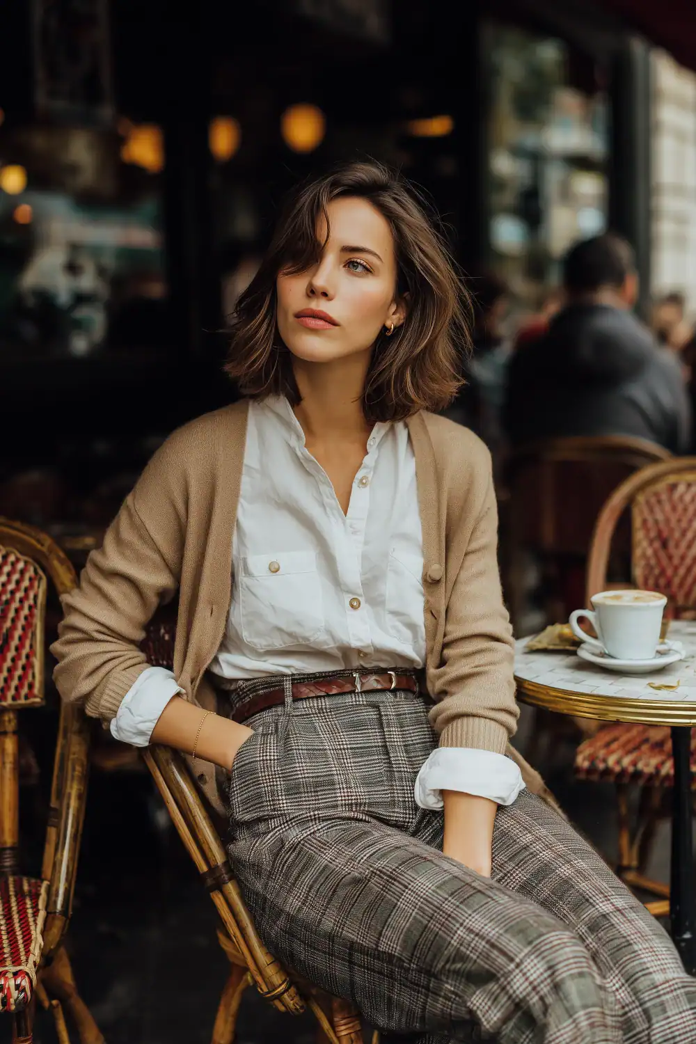 Frau in Karo-Hosen mit weißer Bluse und beigem Cardigan im Straßencafé, stilvolles Herbst-Outfit im Pariser Chic