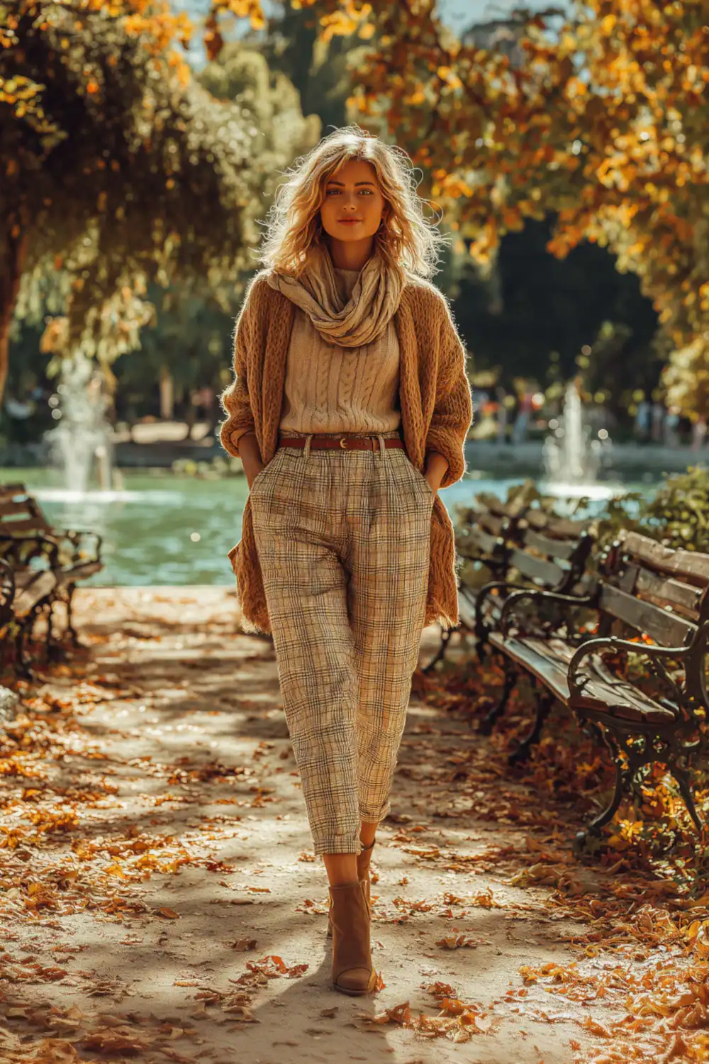 Frau in Karo-Hosen mit Strickpullover, Cardigan und Schal im herbstlichen Park, stilvolles Herbst-Outfit für Frauen