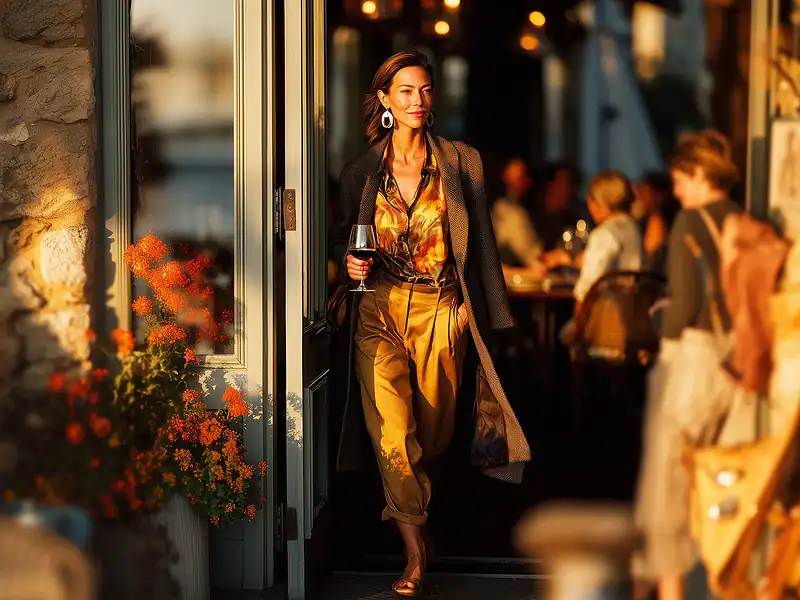 Frau über 40 in stilvollem Herbst Outfit mit langem Mantel, gemusterter Seidenbluse und Bundfaltenhose bei goldenem Abendlicht – eleganter Abendlook