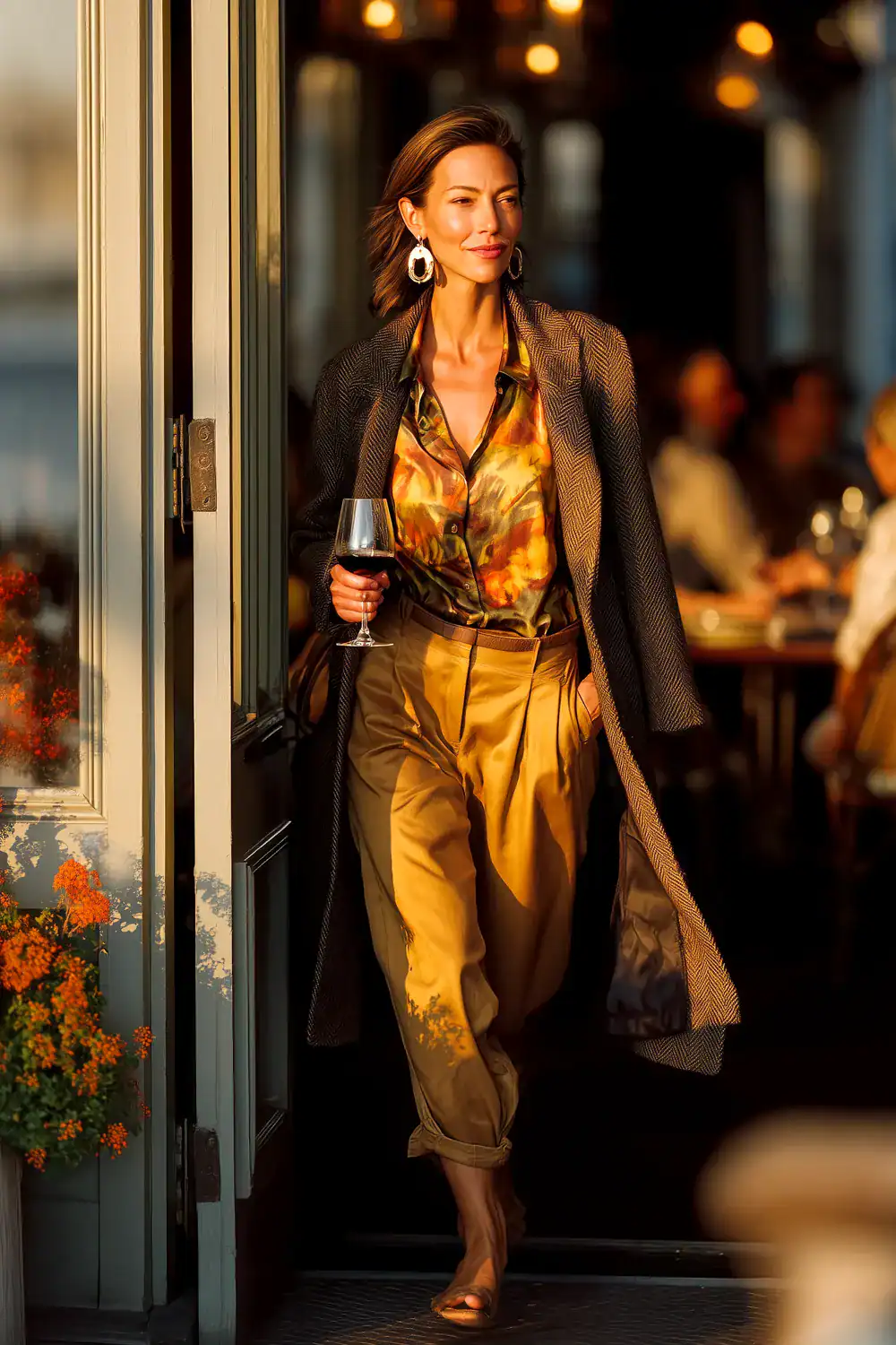 Frau über 40 in elegantem Herbst Outfit mit langem Mantel, Seidenbluse und Bundfaltenhose bei goldenem Abendlicht – stilvolle Herbstmode