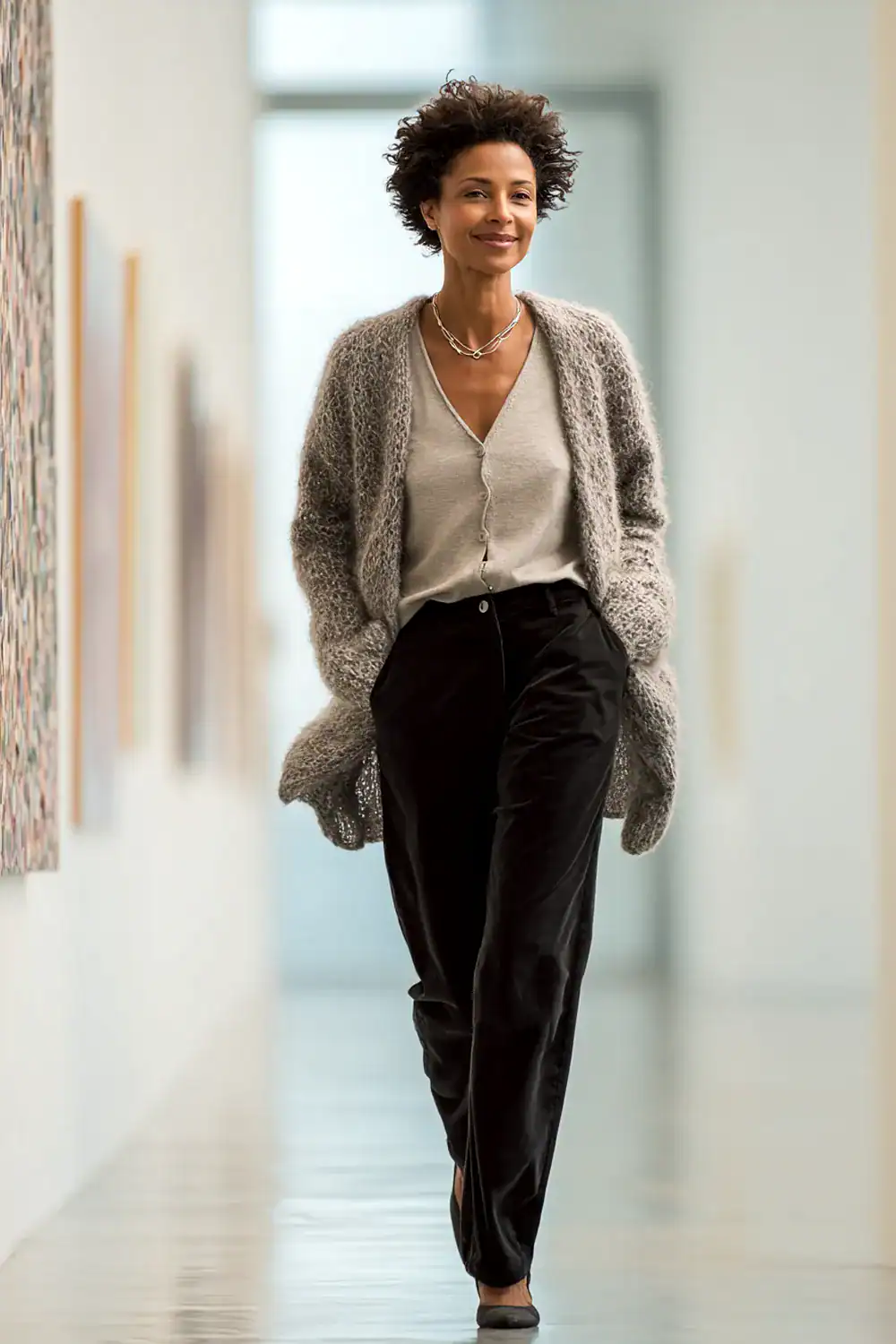 Frau über 40 in grauer Strickjacke, hellem Top und schwarzer Samthose beim Rundgang durch eine Kunstgalerie – stilvolles Herbst Outfit