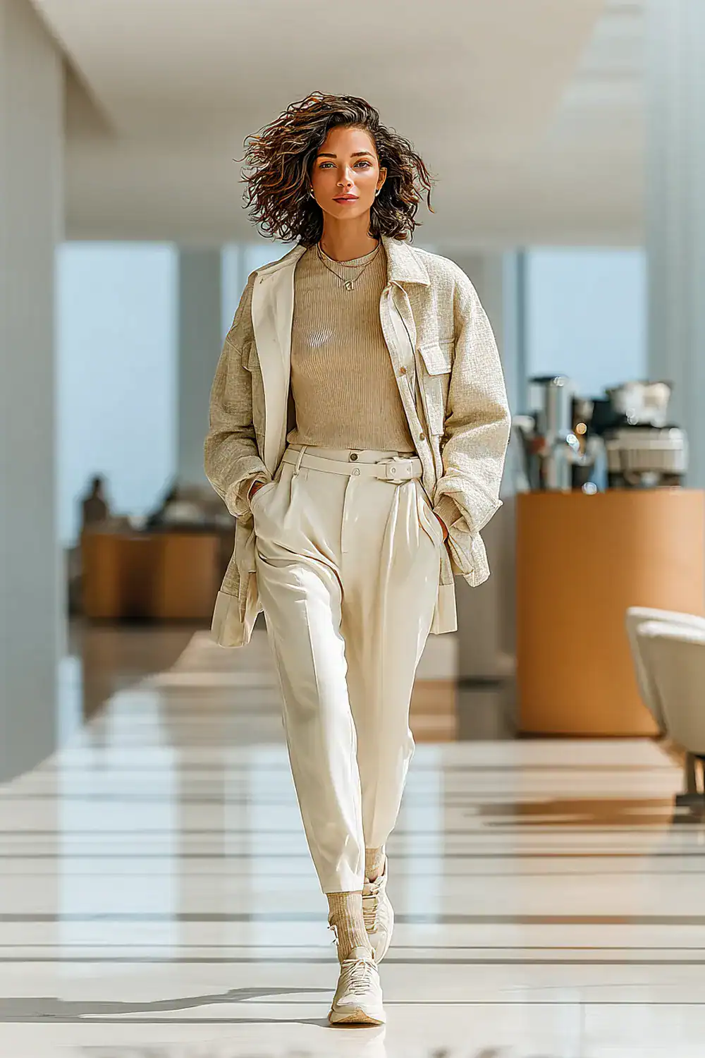 Frau über 40 in neutralem monochromen Herbst Outfit mit Utility-Jacke, Feinstricktop und Bundfaltenhose – eleganter Casual Look
