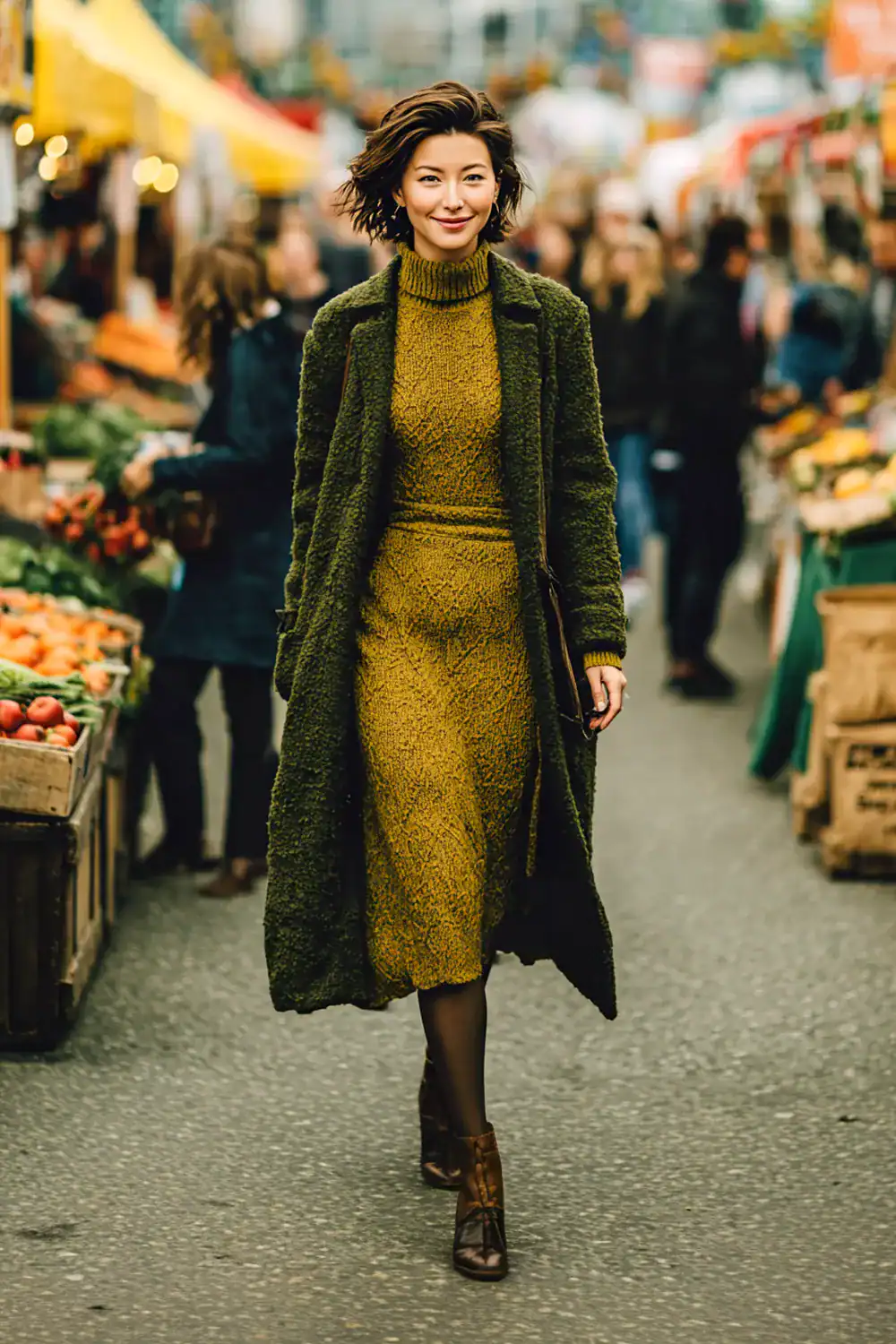 Frau über 40 in olivgrünem Strickkleid mit passendem Mantel auf dem Wochenmarkt – elegantes Herbst Outfit mit Strick