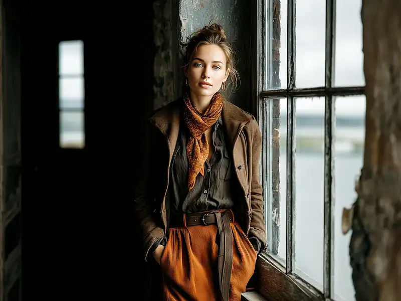 Frau in herbstlichem Outfit mit braunem Mantel, Bluse und weiter Hose am Fenster – stilvolle Herbst-Essentials für Frauen