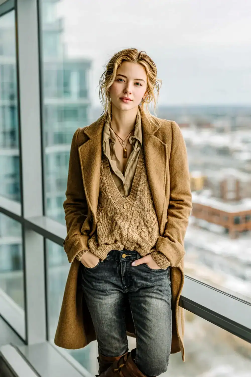 Frau in herbstlichem Outfit mit langem Wollmantel, Strickweste und Jeans auf Balkon mit Stadtblick – moderne Herbst Essentials für Frauen