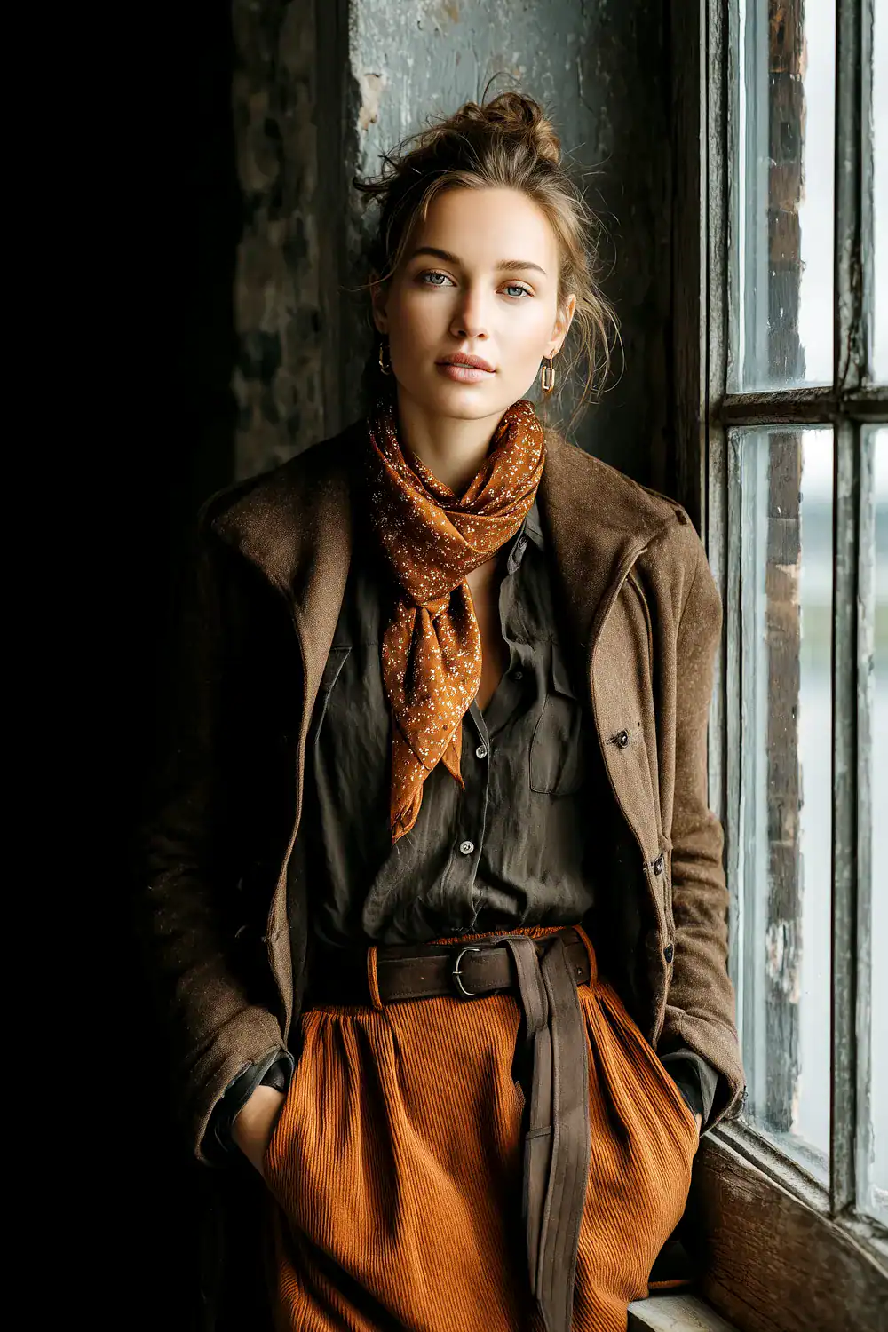 Frau im herbstlichen Style-Outfit mit braunem Mantel, Bluse und orangefarbener Hose am Fenster – moderne Herbst Essentials für Frauen