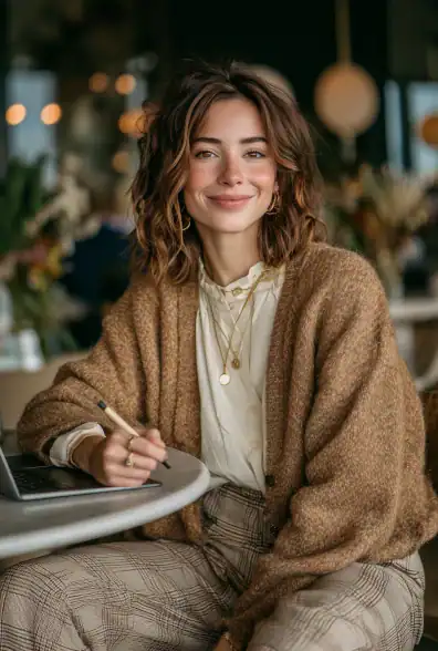 Lächelnde Frau in karierten Hosen, cremefarbener Bluse und Strickcardigan sitzt am Tisch mit Laptop und Stift, Kontaktseite Modeblog