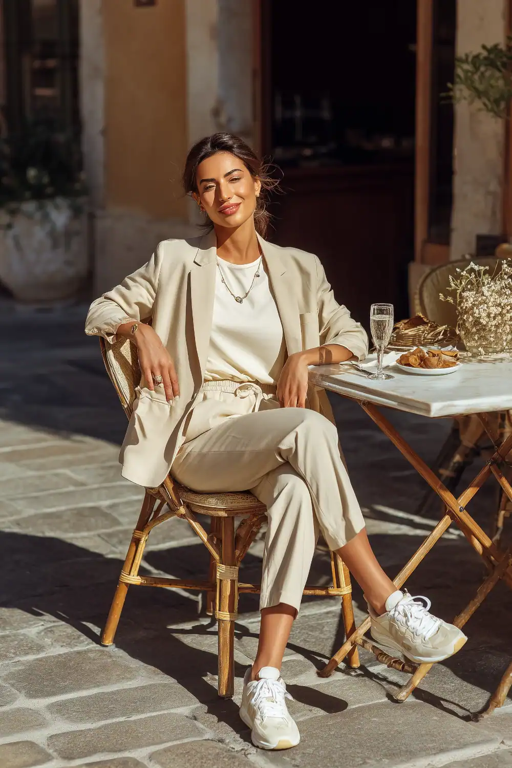 Frau in beigem minimalistischen Outfit mit Blazer, Hose und Sneakers sitzt entspannt im Straßencafé mit Glas Sekt