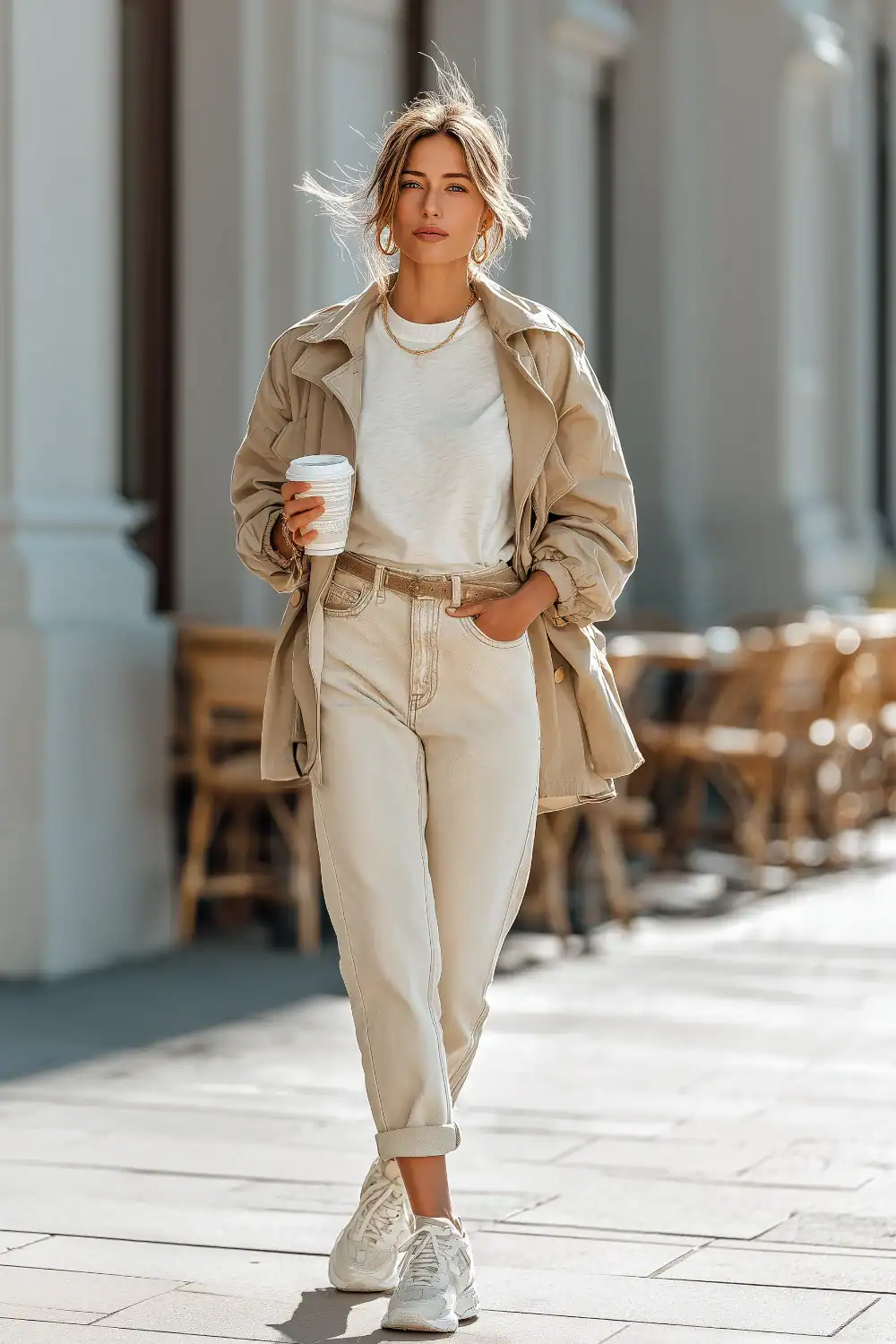 Frau in minimalistischem neutralem Outfit mit beigem Trenchcoat, weißem T-Shirt, Jeans und Sneakers beim Spaziergang mit Kaffeebecher