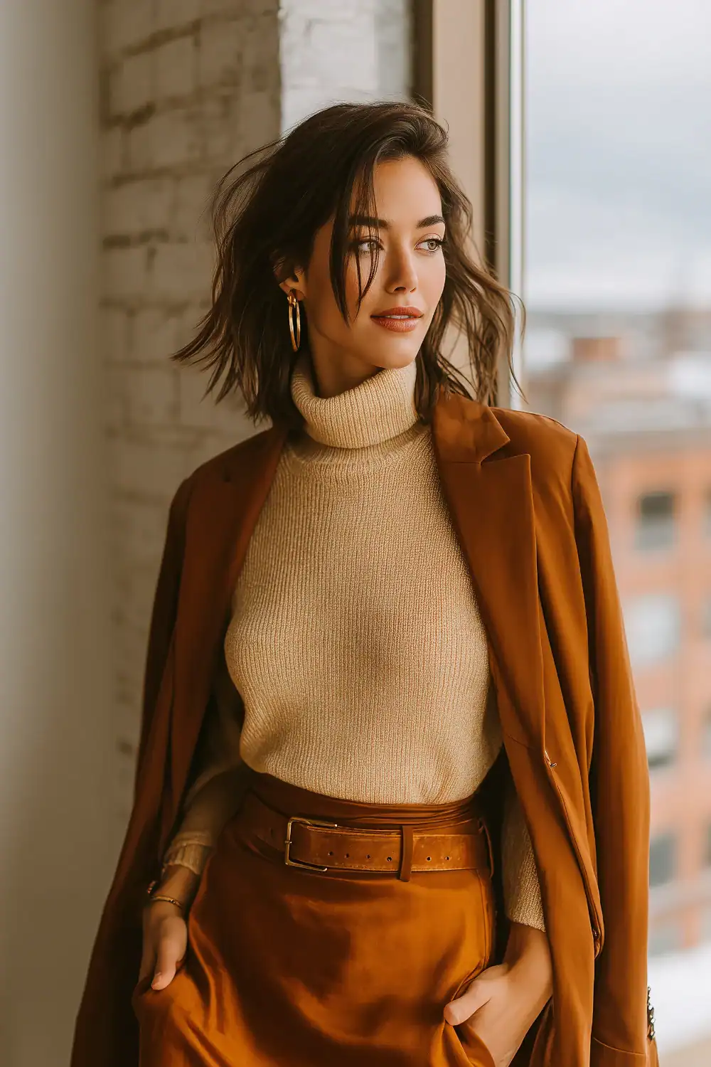 Frau in minimalistischer Capsule Wardrobe mit karamellfarbenem Blazer, Slip-Skirt und cremefarbenem Rollkragenpullover am Fenster