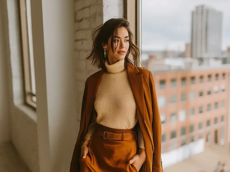 Frau in minimalistischem Outfit mit karamellfarbenem Blazer, Slip-Skirt und cremefarbenem Rollkragenpullover am Fenster