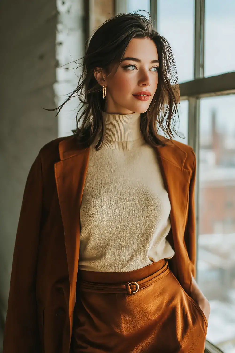 Frau in minimalistischem Outfit mit karamellfarbener Jacke, Slip-Skirt und cremefarbenem Rollkragenpullover am Fenster