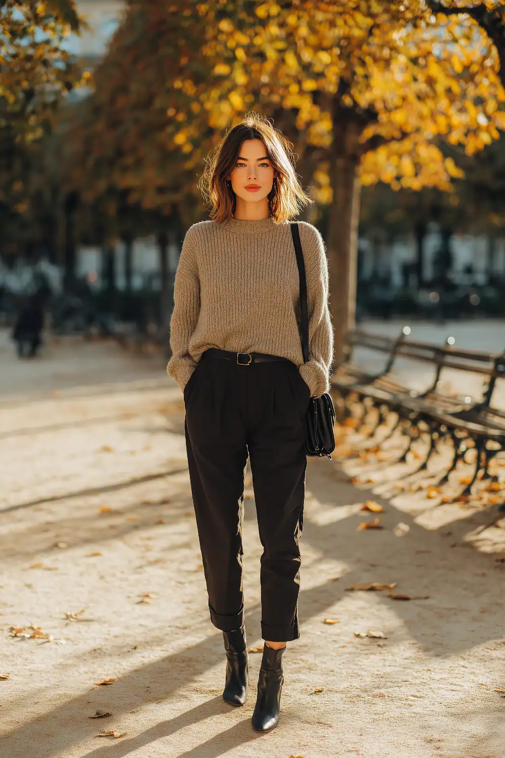 Frau in minimalistischer Capsule Wardrobe mit lockerem Strickpullover, schwarzer Hose und Ankle Boots beim Spaziergang im Park