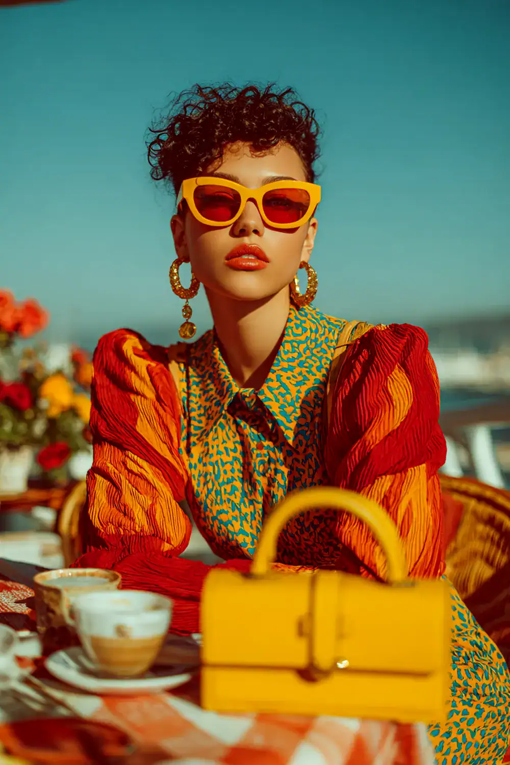 Frau mit gelber Cat-Eye-Sonnenbrille, großen Goldohrringen und Kleid mit roten Puffärmeln und türkis-orangen Print im Straßencafé; 80er-inspirierter Sommerlook